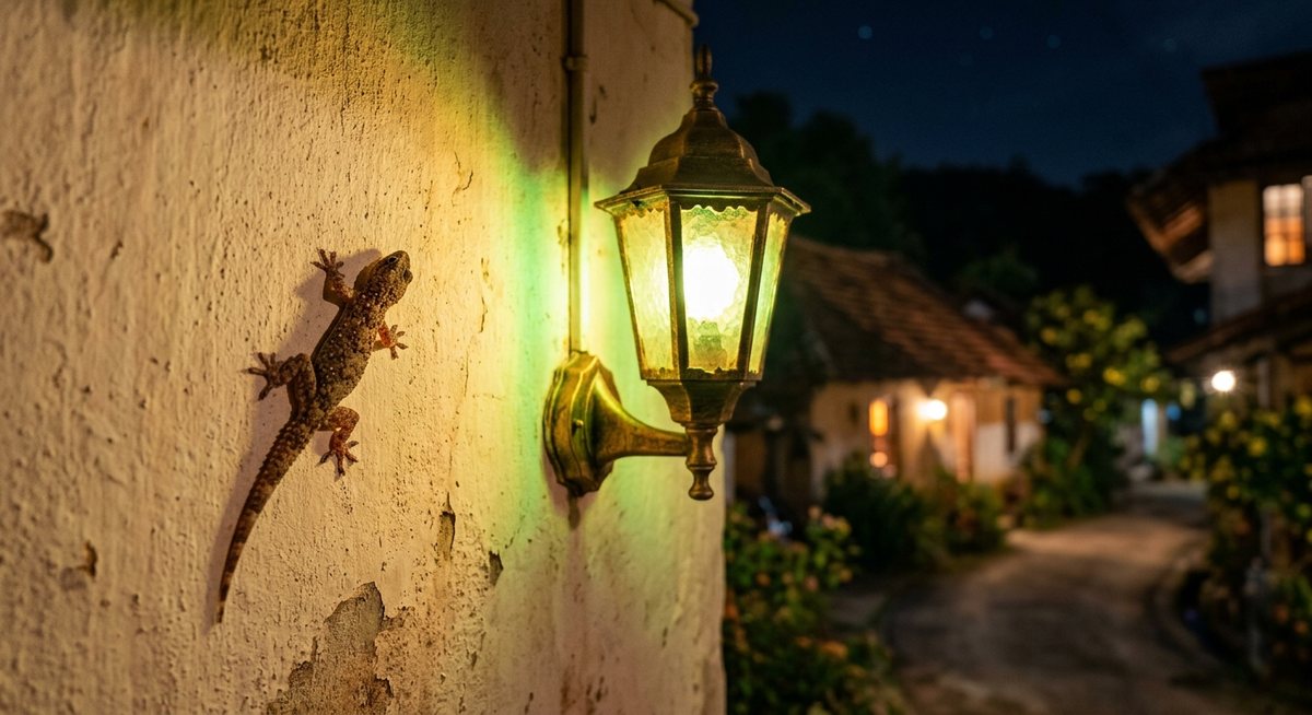 Cicak kecil di dinding rumah malam hari dengan lampu hijau keemasan menyerupai cahaya gulungan mesin slot