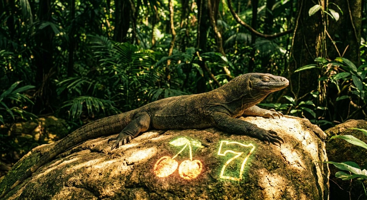 Kadal besar berjemur di atas batu dengan cahaya matahari kehijauan menyerupai simbol ceri dan tujuh dari mesin slot