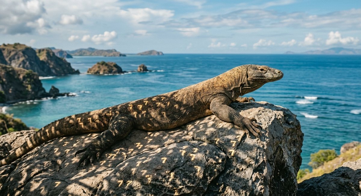 Komodo berjemur di atas batu besar dengan latar laut biru dan titik cahaya menyerupai simbol tujuh