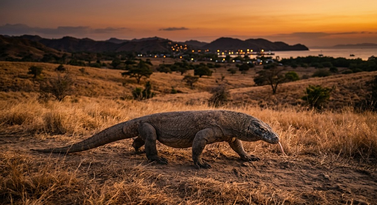 Komodo berjalan di padang savana senja dengan cahaya keemasan menyerupai lampu mesin slot di kejauhan