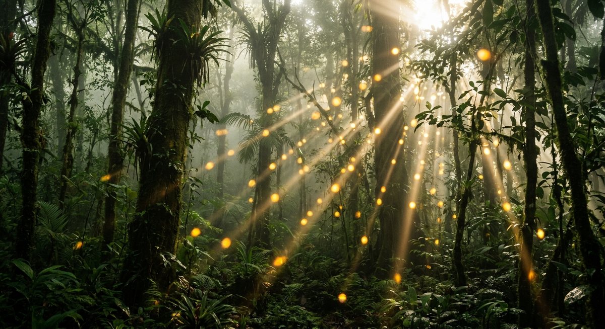 Hutan lindung tropis pagi hari dengan kabut dan sinar matahari menyerupai titik lampu mesin slot di antara pepohonan