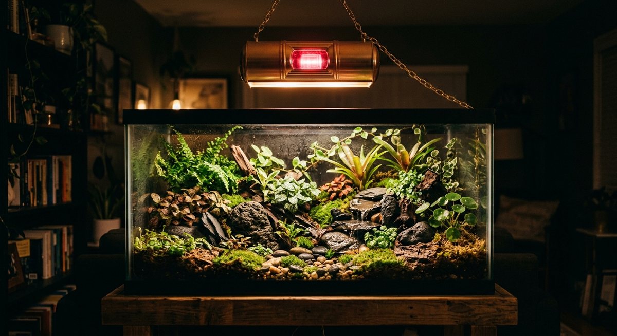 Terrarium yang tertata rapi dengan tanaman dan batu serta lampu hangat menyerupai lampu mesin slot di atasnya