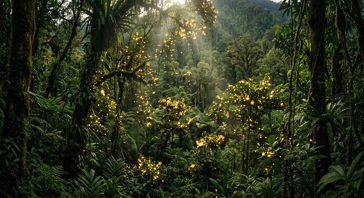 Hutan tropis lembap dengan sinar matahari menembus kanopi membentuk titik cahaya menyerupai simbol slot