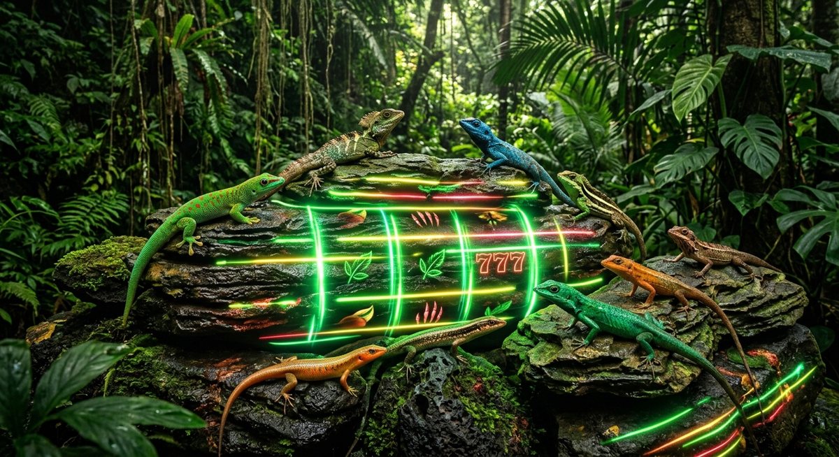 Keanekaragaman reptil Nusantara di atas batu dengan cahaya hijau menyerupai lampu gulungan mesin slot